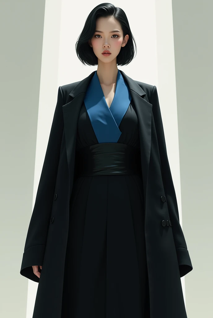 a tall Korean woman with pale skin, wearing a long black closed toga and black high heels. She wears a blue sash around her neck and wears a blazer over the toga but without putting on the sleeves., giving an air of authority and dominance. She always has a serious expression and her hair is short, straight, black, half-ear length., she doesn't wear makeup and revealing her medium and round breasts.