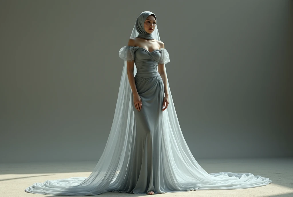 Asian woman wrapped in a transparent grey cloth mimicking a mermaid gown with a striking long train, puff sleeve, wear corset, the cloth clings tightly to her figure, incorporates a hijab, standing with poise, see through whole body, half naked, nipple on, dramatic lighting, volumetric textures, very long cloth, outdoor, ultra realistic, golden ratio.