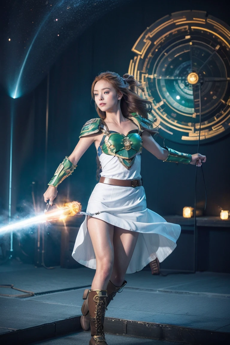 (alone) inconceivable and spectacular an emergency scene of a cloud figure Sophie Turner in a Cosmic cloud, フラクタルnebula連鎖, Cosmic, null, Cosmic, A living presence, whirlwind, spinning, unrealistic, High Contrast, Symbolism, magic, mystery的な, mystery, Surreal, Supersaturation, colorful, 8k、A goddess in blue and gold armor、White Skirt、brown hair,Star Boots、Laser beam from the eye、nebula、Star-Smashing Power、High pass filter、Releases energy in all directions、