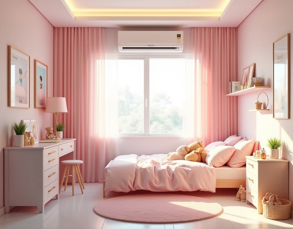 A modern apartment. Daughter bedroom design. Wide room. There is a twin size bed with some teddy bears. There is a small cupboard. There is a children's bookshelf. There is a desk. There is an air conditioner. Interior design. Modern cute pastel interior. Ballet themed room. Great lighting.