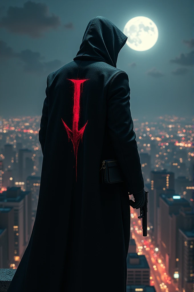 In the middle of the night a black figure wearing a suit with a hood with an ammo pouch in his belt and a gun at his side,this figure is standing side at the tallest skyscraper in New York overlooking thelights flashing below the streets and a full moon in view at night,his back has a symbol of an letter I colored red with blood eye glancing behind him