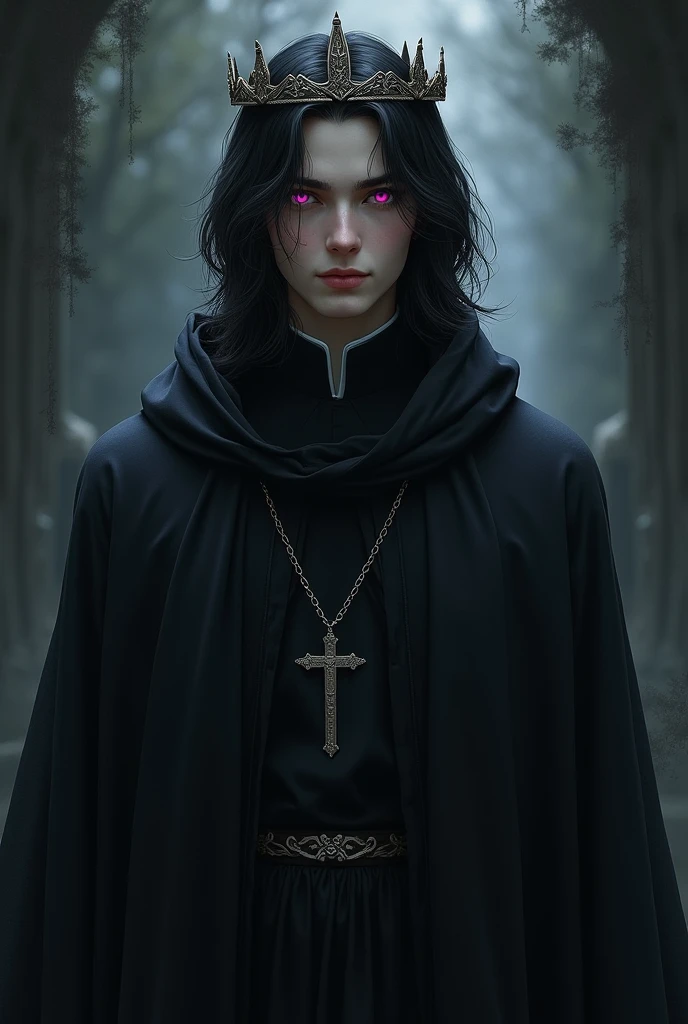 19 year old boy, White skin, wear black clothes, his face expresses sadness and emptiness, his marked jaw, green eyes, marked dark circles, wavy black hair, blood dripping all over his face, like a martyr. In the background you can see an abandoned church and a cross.