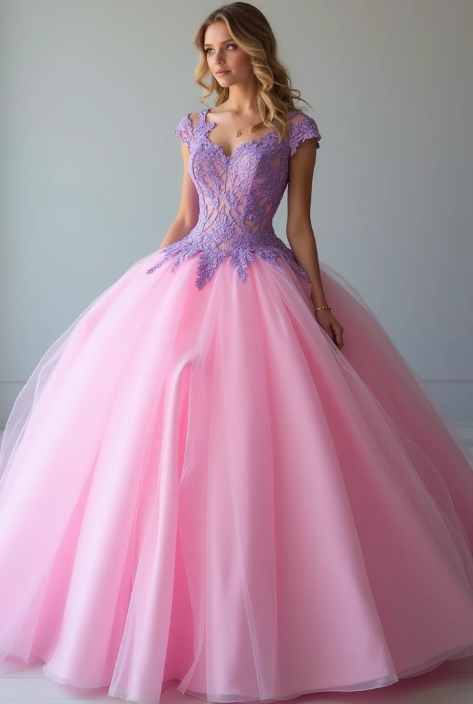 Pink quinceanera dress with purple lace that are 10 options but more images but that are not so strong the color but stronger 