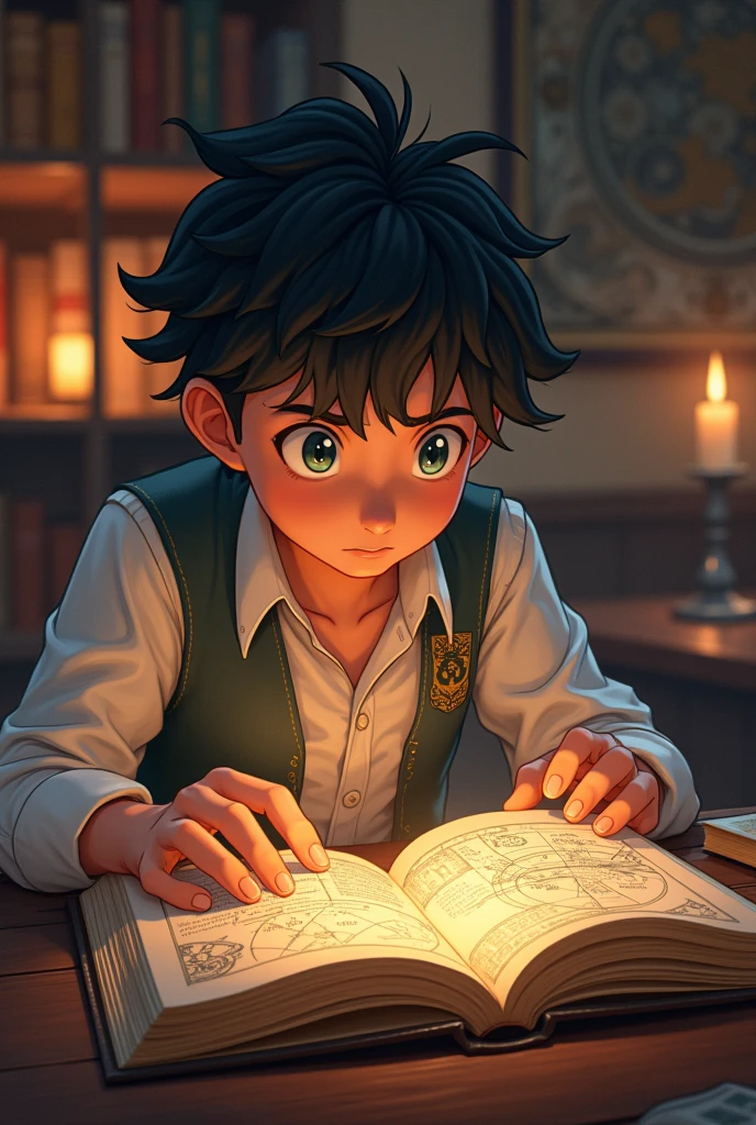 scene: Leonardo a young man examines an old book on geometry, with drawings of perfect figures like circles, triangles and spirals. do it like it's anime Boku no hero
