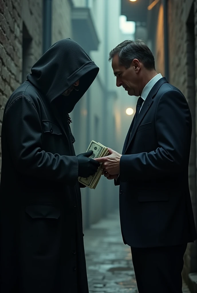 Hooded man giving money to a politician