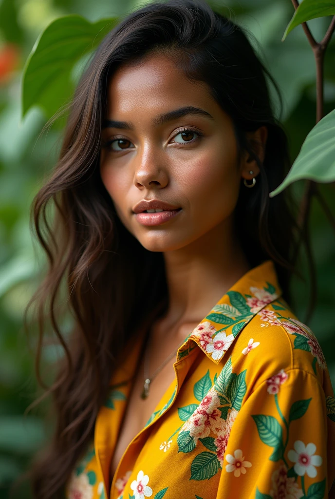 A Brazilian woman in a lush tropical garden, wearing an open shirt with a floral print, with a close-up capturing the harmonious beauty between her breasts and the natural flowers, showing off your natural charm and outgoing personality.