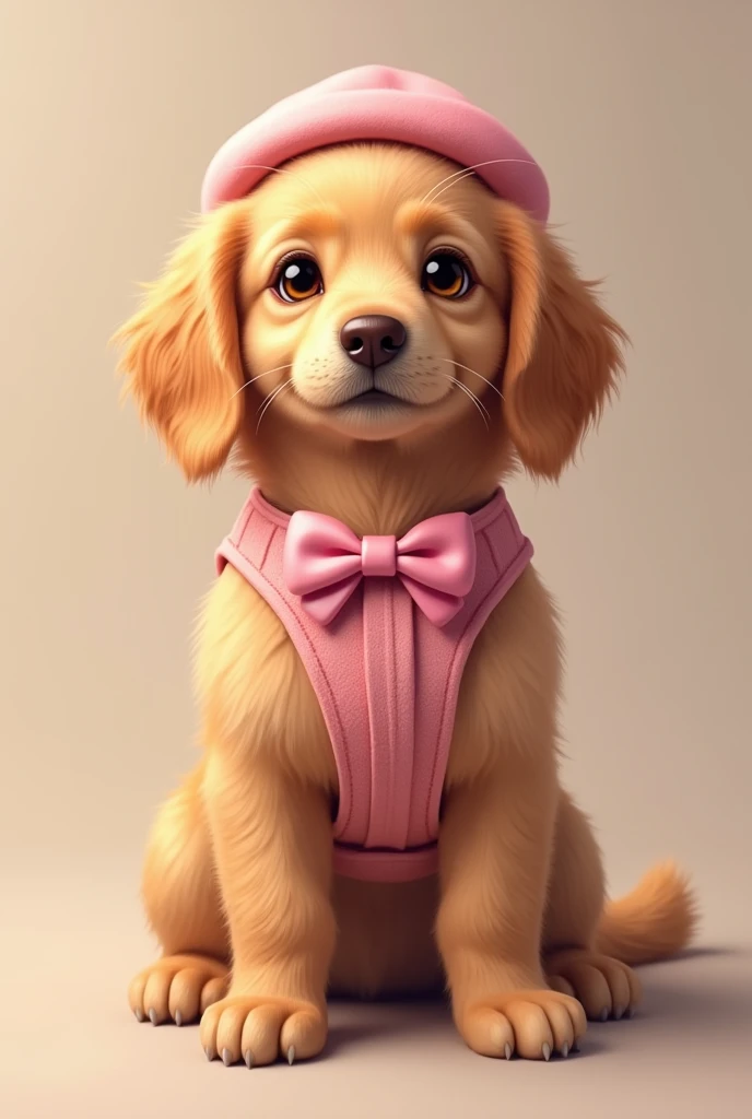A beautiful female Golden Retriever with honey-colored eyes and a brown snout, very preppy,with pink accessories
