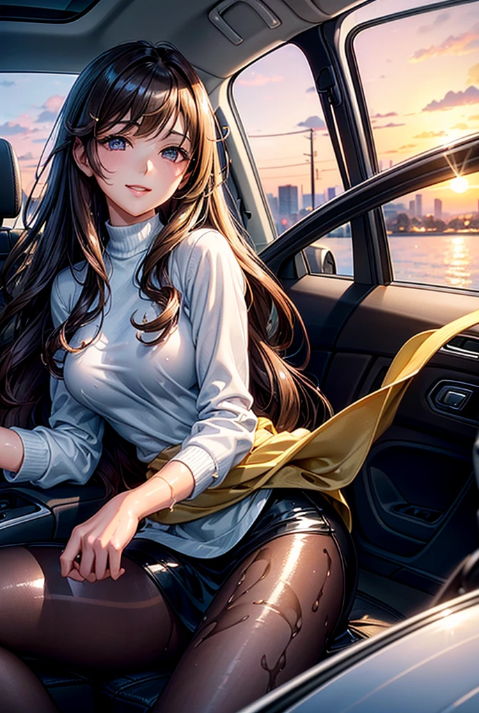 A calm and gentle young woman with long, wavy brown hair is sitting in the driver’s seat of a sleek, modern car. The window is rolled down, and she’s leaning slightly out of the car, smiling softly as she calls out. The car is parked on a quiet street, with a sunset sky in the background. The scene captures a peaceful and intimate moment, with her serene expression and the warm glow of the setting sun, (masterpiece:1.4), (ultra detailed:1.4), (extremely detailed CG:1.4), (Shiny glossy wet hair:1.4), (super fine illustration:1.4), full lip gloss,  