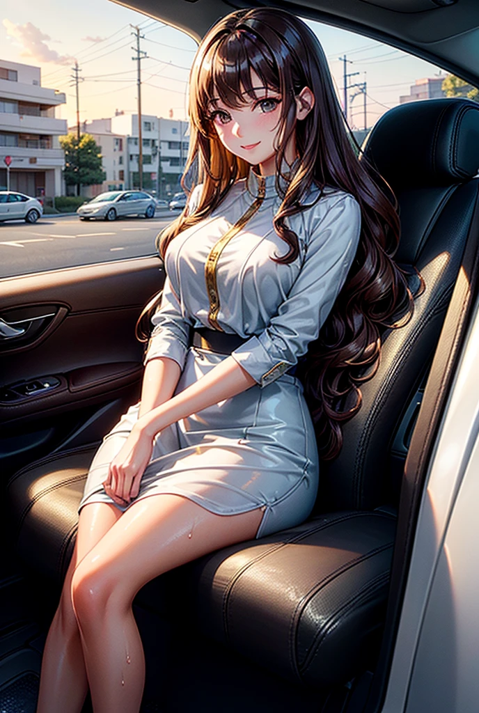 A calm and gentle young woman with long, wavy brown hair is sitting in the driver’s seat of a sleek, modern car. The window is rolled down, and she’s leaning slightly out of the car, smiling softly as she calls out. The car is parked on a quiet street, with a sunset sky in the background. The scene captures a peaceful and intimate moment, with her serene expression and the warm glow of the setting sun, (masterpiece:1.4), (ultra detailed:1.4), (extremely detailed CG:1.4), (Shiny glossy wet hair:1.4), (super fine illustration:1.4), full lip gloss,