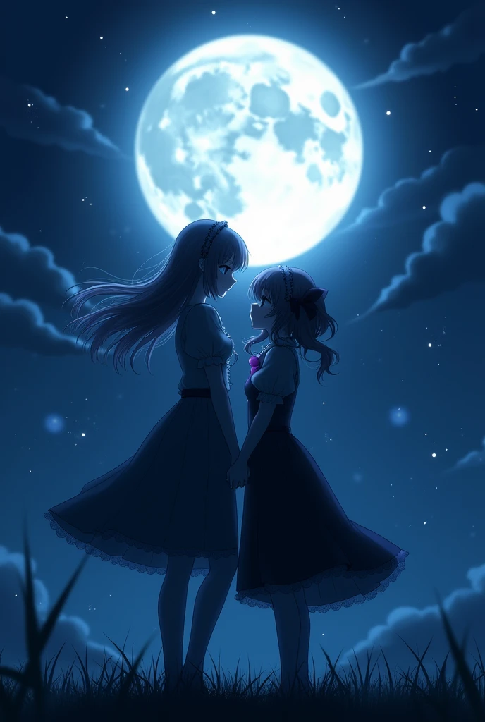 Movie Posters, full moon, Illuminated by the moonlight, Romantic atmosphere, Starry Night, Fantasy, Light and shadow, Silence of the Night, Two people, secret, Soft Light, Ephemeral, (ruri gokou), Hime cut, Long Hair, Gothic Lolita, Data Fashion, head band, whole body, anime