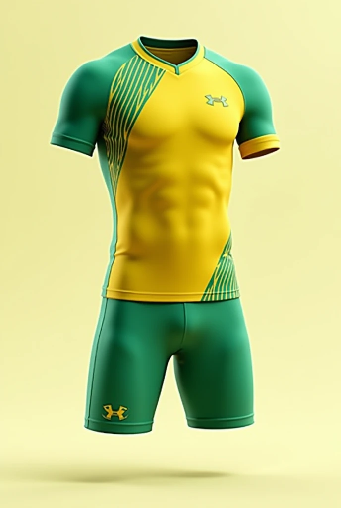 A yellow sports uniform, green and white, but varied 