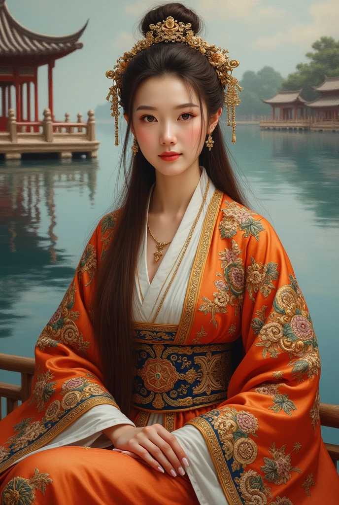 upper body, oil painting, masterpiece, best quality, highres, long brown hair, jewelry hairpin, large breast,riverside and rock or temple or bridge, extremely clothes, sitting, (song Dynasty, song clothing:1.2),