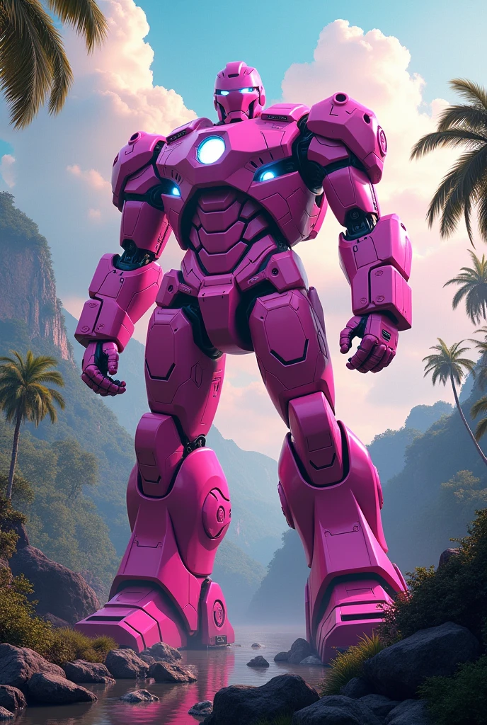 best qualityer,work of art,realisitic,sky,natta,1 girl, Pink Mecha_robô like ironman, giant,relic scenes,rainforest background,cyber punk,water,(neon lights:0.7),rim lighting,transformers style