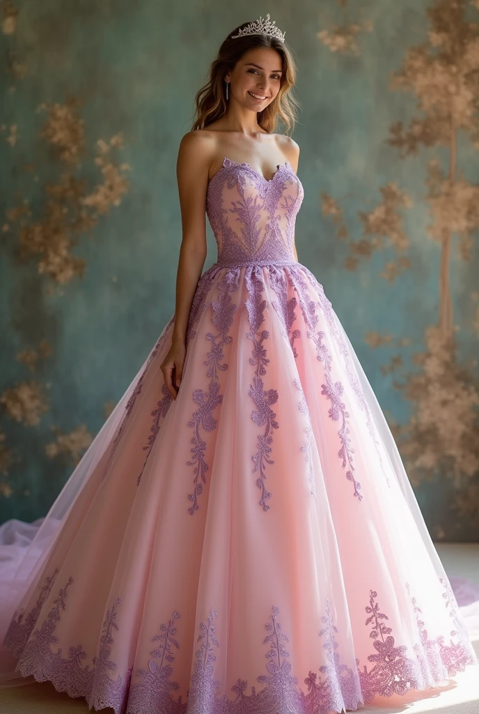 Pink quinceanera dress with purple lace, there are 10 options, but you can imagine more, but the color should not be so strong, but the lace should be stronger.