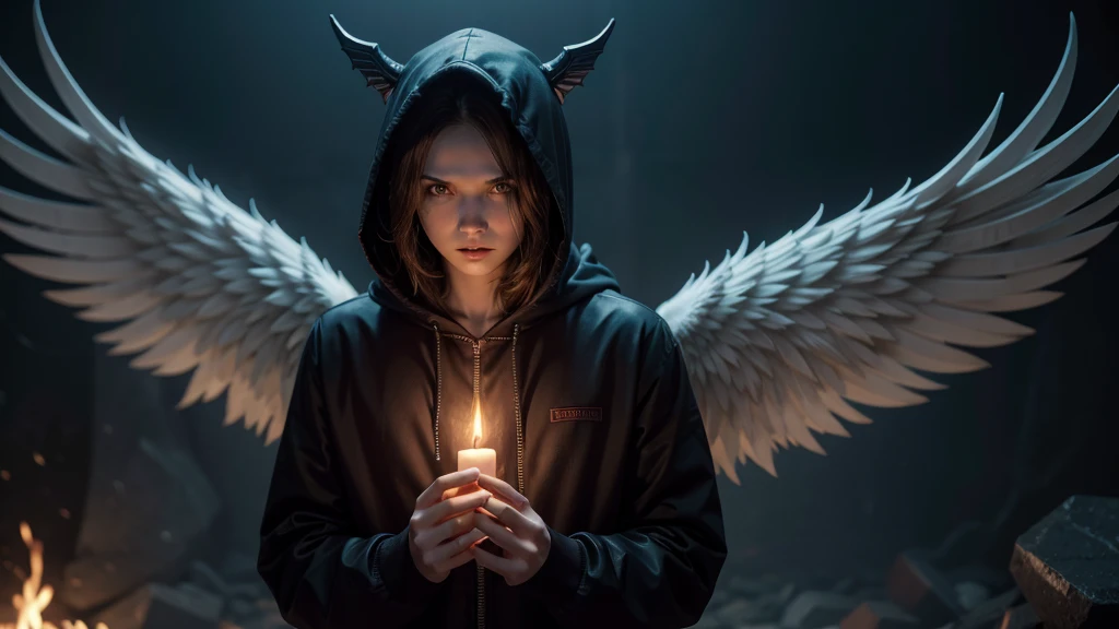 A demonic angel with a hood and open arms in purgatory