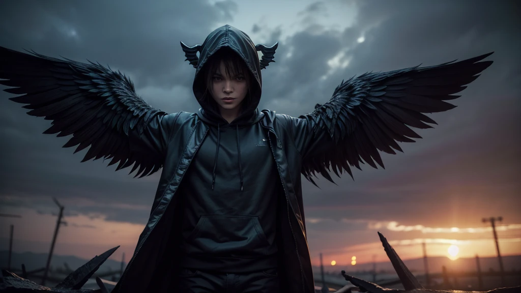 A demonic angel with a hood and open arms in purgatory