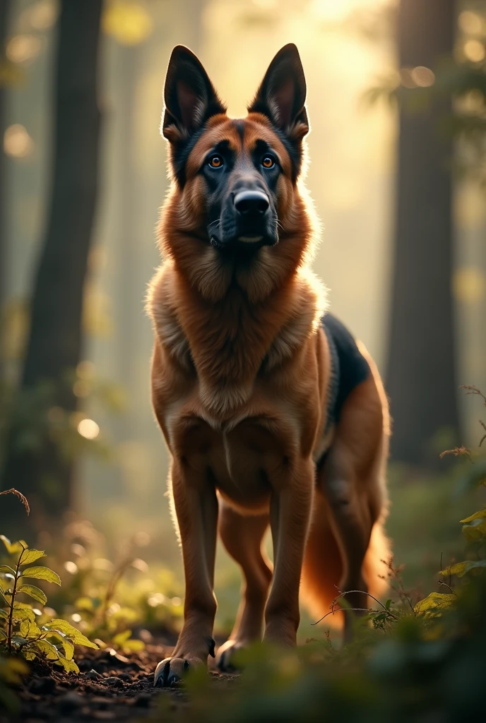 A German shepherd dog, detailed fur texture, dynamic pose, alert expression, outdoor forest scene, sunlight filtering through trees, shallow depth of field, cinematic lighting, dramatic shadows, highly detailed, photorealistic, 8k, best quality, masterpiece