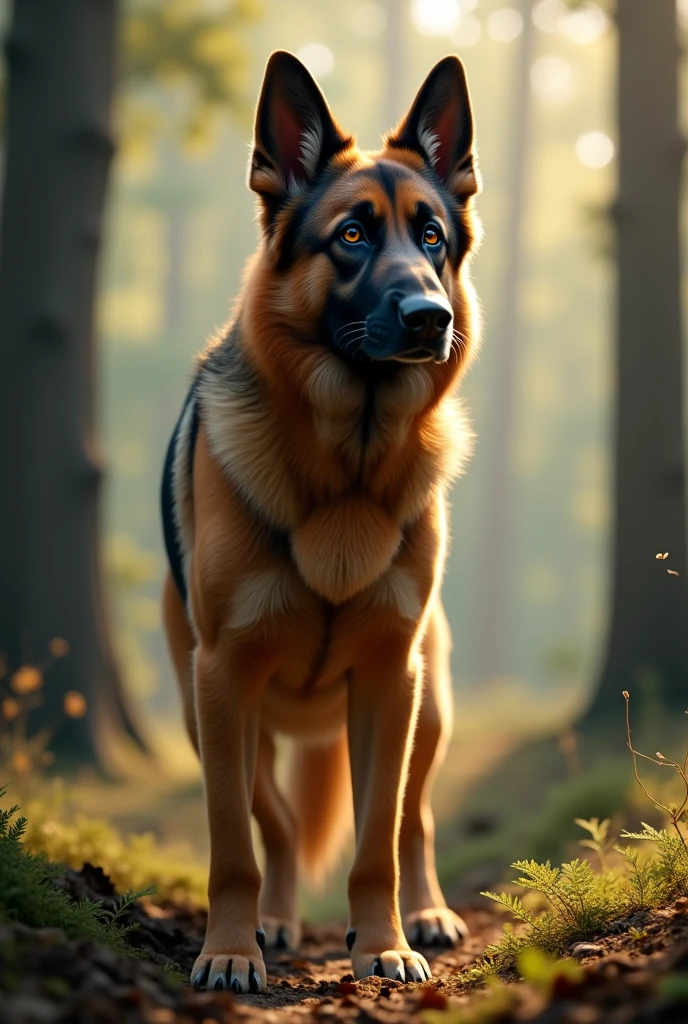 A German shepherd dog, detailed fur texture, dynamic pose, alert expression, outdoor forest scene, sunlight filtering through trees, shallow depth of field, cinematic lighting, dramatic shadows, highly detailed, photorealistic, 8k, best quality, masterpiece