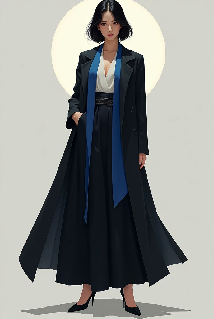 a tall Korean woman with pale skin, wearing a long black closed toga and black high heels. She wears a blue sash around her neck and wears a blazer over the toga but without putting on the sleeves., giving an air of authority and dominance. She always has a serious expression and her hair is short, straight, black, half-ear length., she doesn't wear makeup with her breasts exposed
