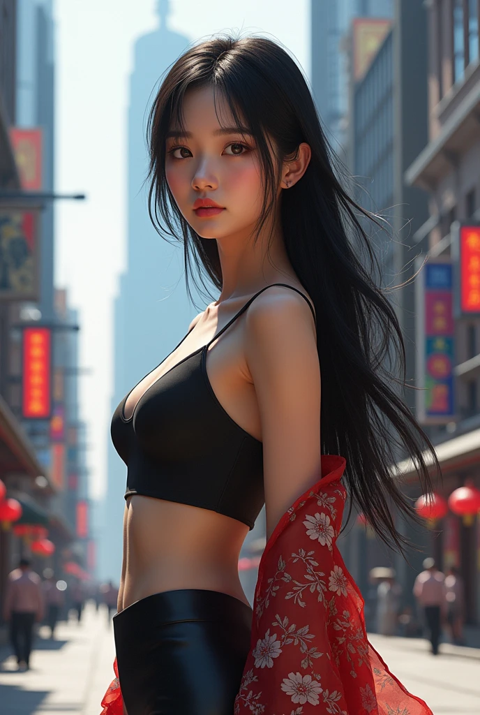 realistic chinese girl full body in city area