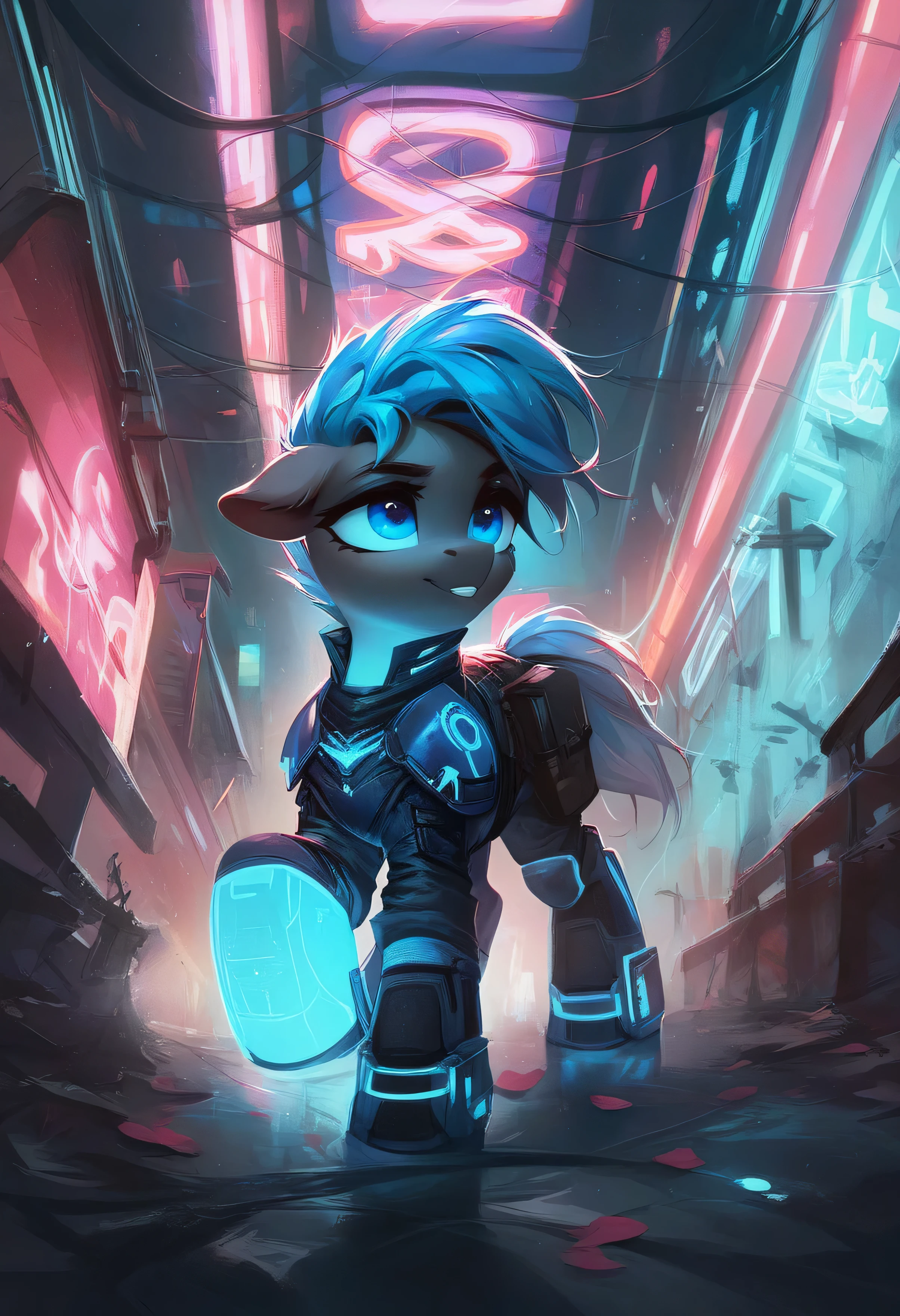 score_9, score_8_up, score_7_up, score_6_up, score_5_up, score_4_up, score_9, A pony from the future, white in color, with messy hair and futuristic dark blue armor with deep blue neon lights