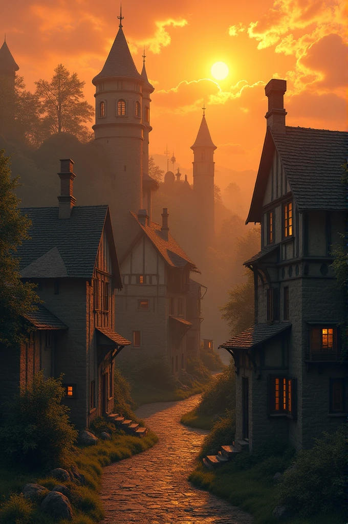 A village of tall, old houses with very small windows and an orange sky and no streets.