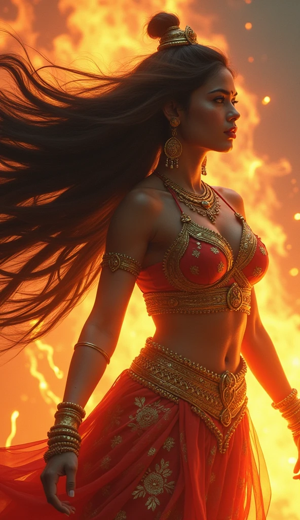 A stunningly beautiful girl, fed up with being constantly harassed and inappropriately touched by some individuals, undergoes a fierce transformation, embodying the powerful form of Maa Durga, flames and lightning encircling her, her entire body adorned with flowing garments, long hair flowing wildly, symbolizing her unbridled strength and fury, highly detailed, cinematic lighting, dramatic pose, intense colors, digital art, masterpiece, intricate details, photorealistic, 8K, HDR, concept art