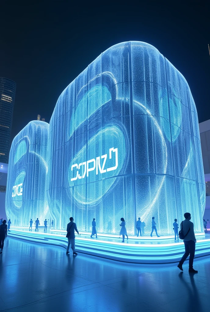 Futuristic Building　Fourth dimensional building　Blue and white glass　
low　Complex　Museum　粒子computer
SF 丸と四角　Transparent tablet advertising in front of a building　Letters made of blue light　computer