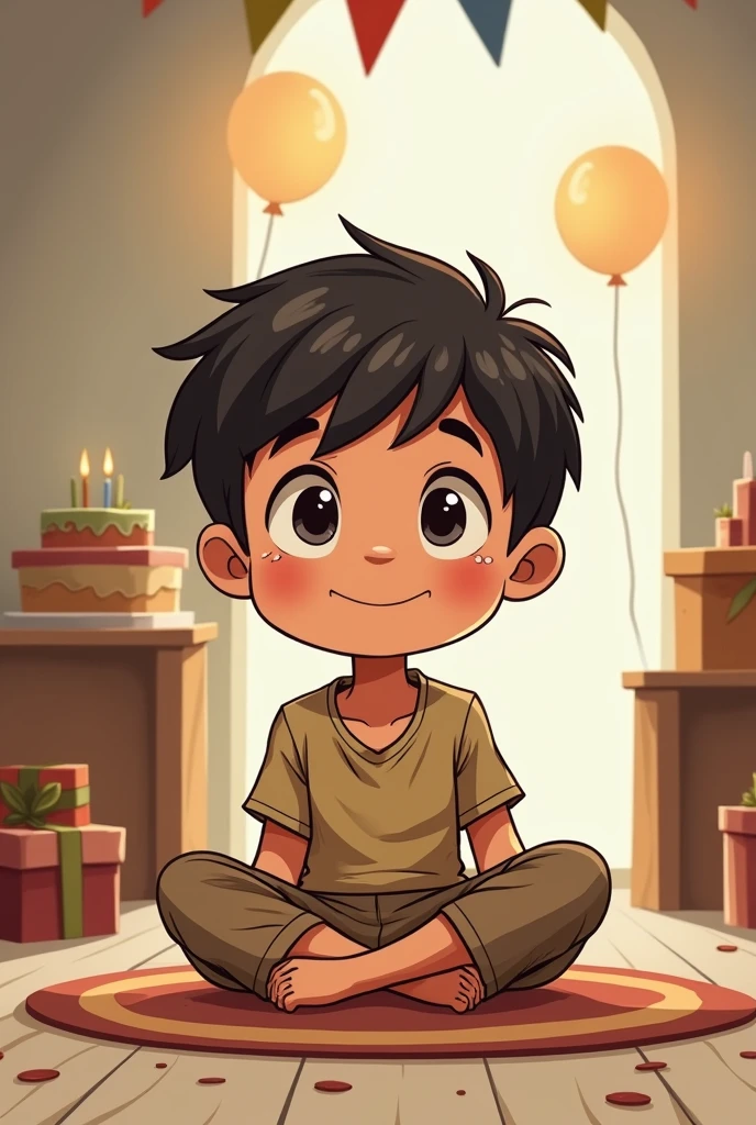 Cartoon of poor boy waiting for gifts at his birthday party
