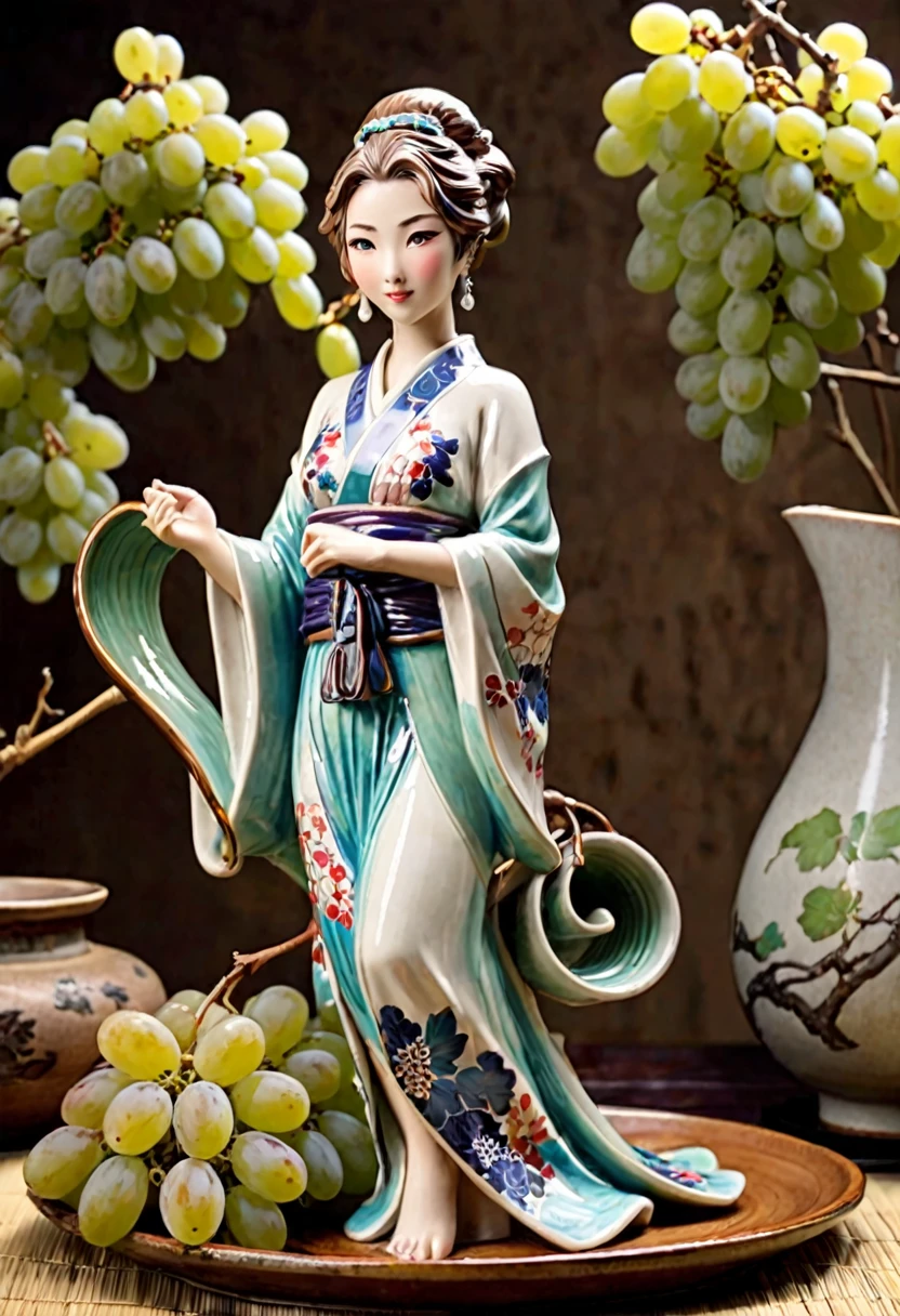 ceramic pitcher (cute woman, Yuna, flowing form clinging traditional Japanese dress among grape clusters, tasteful nudity, aged crackling in the glaze, ancient Chinese styling), on a display stand