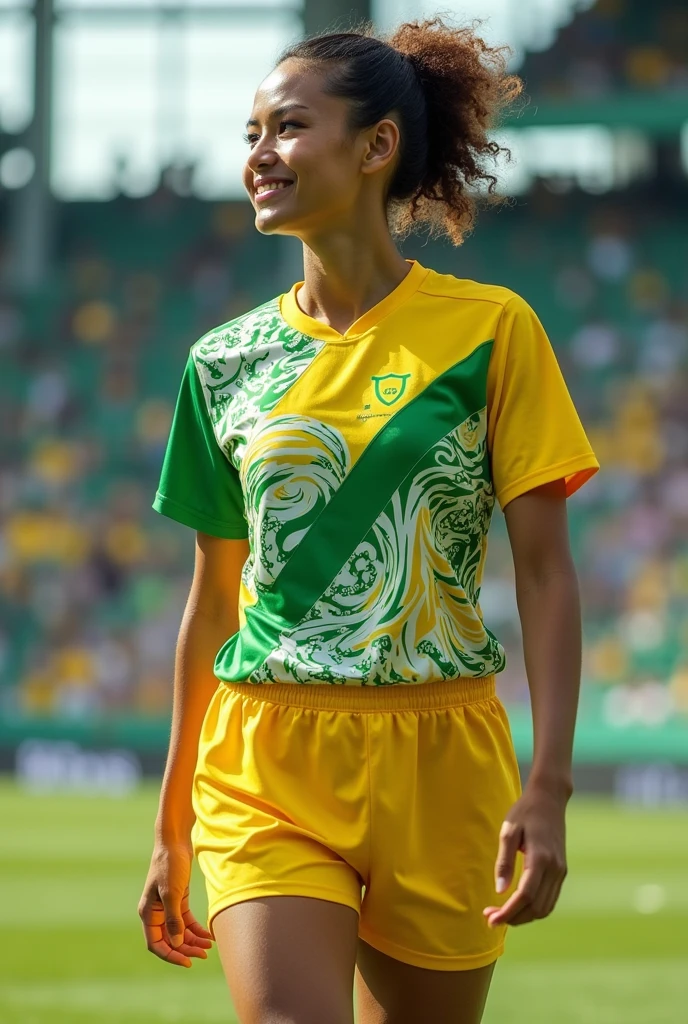 A yellow sports uniform, green and white, but varied , and with a rare design 