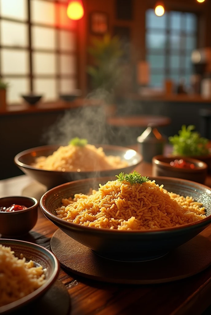 Fried rice and ramen、Ceramic vessels、Backlight、steam、The shine of the food、Backlight、unmanned、Depth of written boundary、old diner