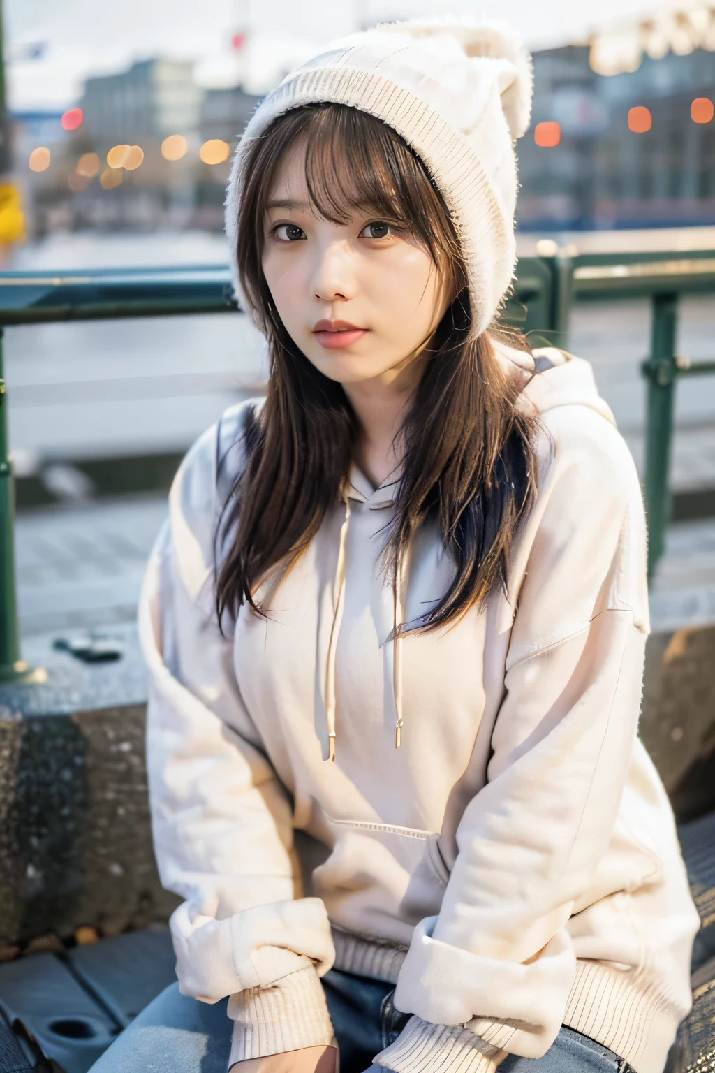 (8k、RAW Photos、Highest quality、masterpiece:1.3)、(Realistic、Realistic)、(Very large breasts:1.2)、Perfect limbs、Outdoor、(Shibuya cityscape:1.4)、night、Mid-winter clothing、Knitted hat、stylish、Clothes for the city、(hoodie:1.3)