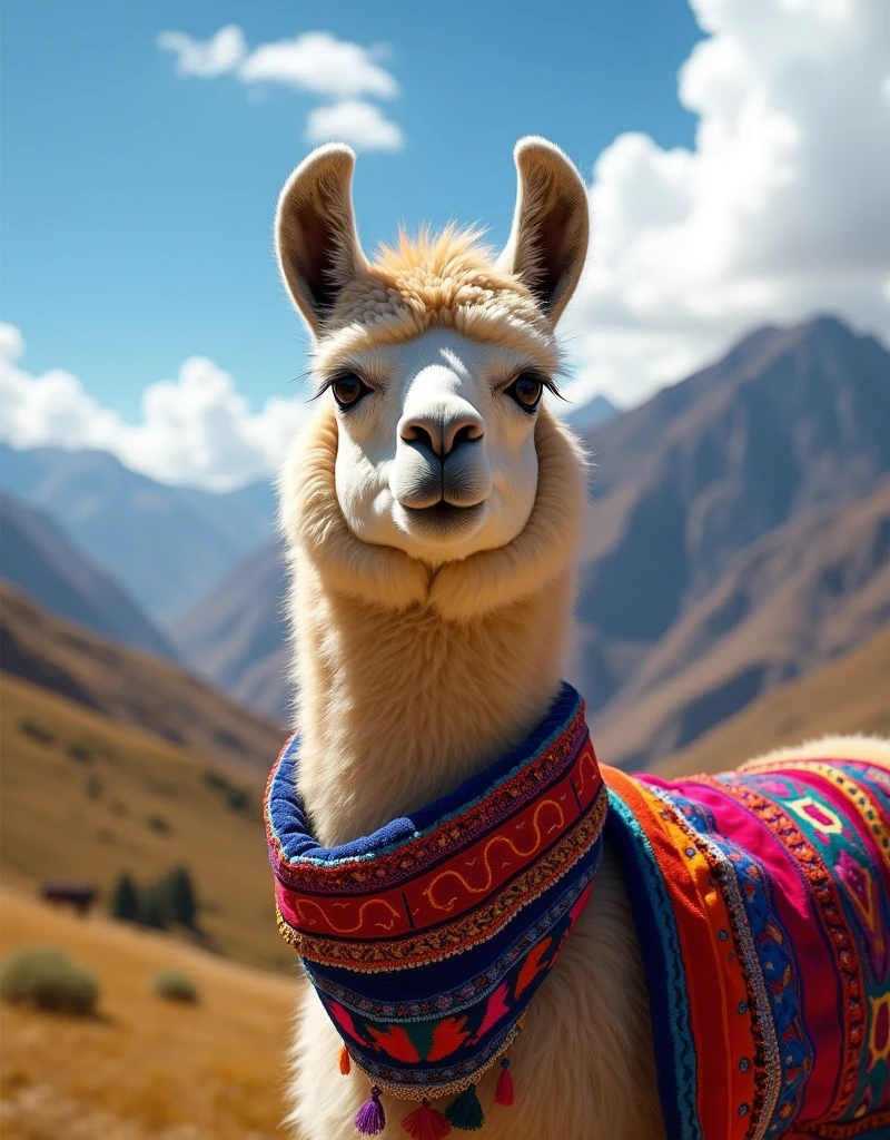 a llama wearing a colorful poncho in the highlands of peru,closeup shot,vibrant colors,detailed texture,intricate patterns,mountainous landscape,blue sky,natural lighting,photorealistic,high quality,detailed description,masterpiece
