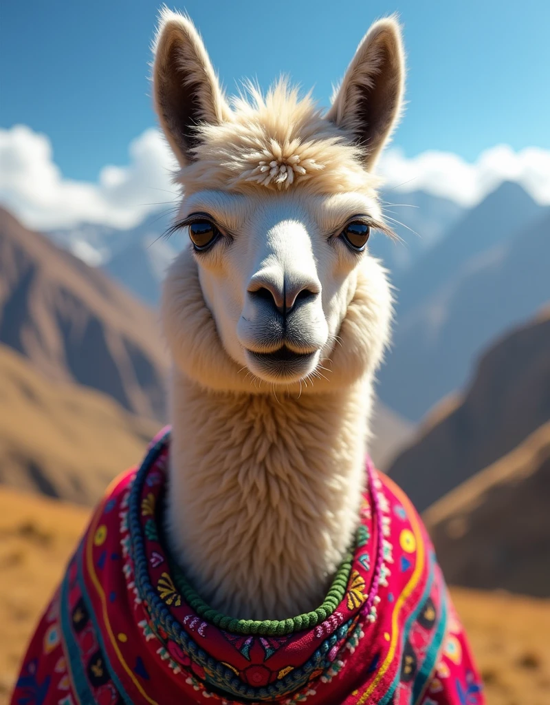 una alpaca en los andes, with a scarf around the neck, y cintas de colores en las orejas:1.5, realista:1.3,( fotorrealista, 8k, Fotos CRUDAS, Calidad premium, obra maestra, epic lighting, Imagen centrada), (plano general), cuerpo completo, 32k
