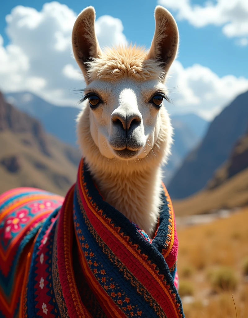 a llama wearing a colorful poncho in the highlands of peru,closeup shot,vibrant colors,detailed texture,intricate patterns,mountainous landscape,blue sky,natural lighting,photorealistic,high quality,detailed description,masterpiece