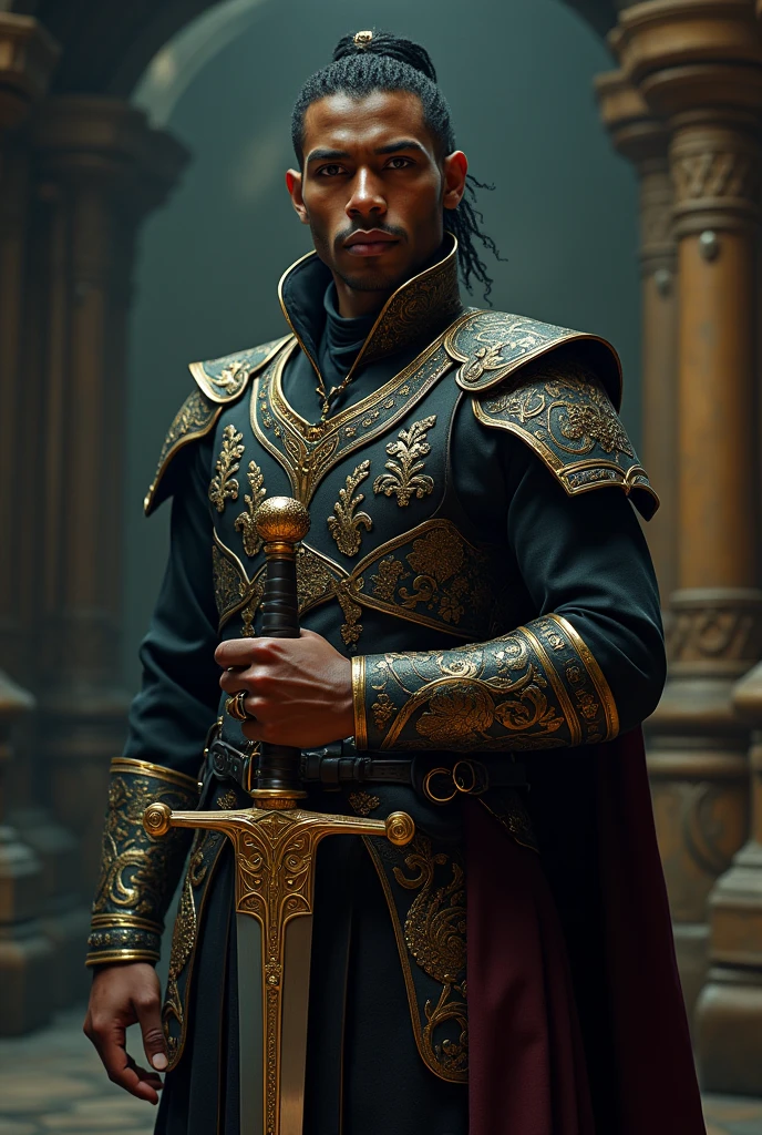Create an image of singer Pharaoh Love Shady dressed as a swordsman 