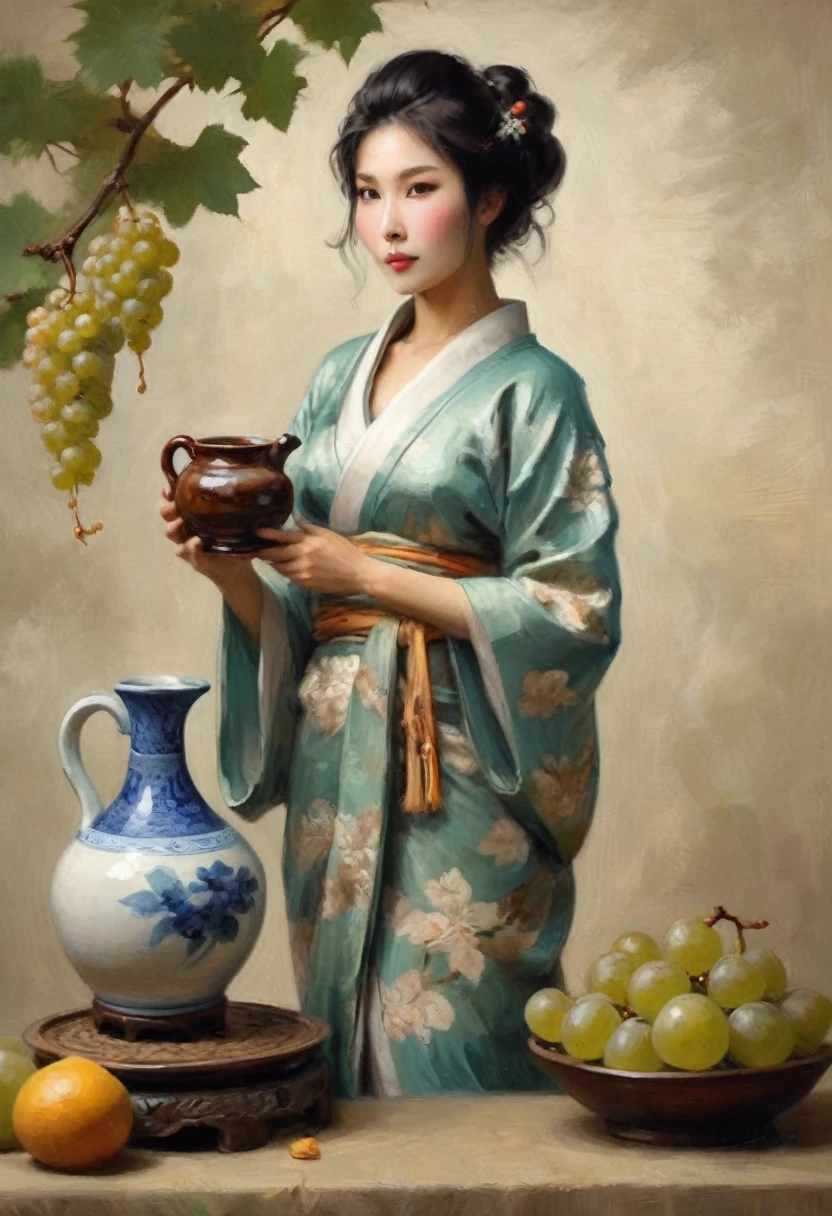 ceramic pitcher (cute woman, Yuna, flowing form clinging traditional Japanese dress among grape clusters, tasteful nudity, aged crackling in the glaze, ancient Chinese styling), on a display stand
