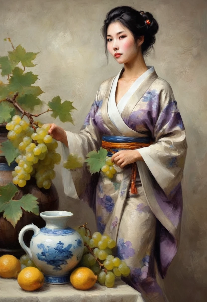 ceramic pitcher (cute woman, Yuna, flowing form clinging traditional Japanese dress among grape clusters, tasteful nudity, aged crackling in the glaze, ancient Chinese styling), on a display stand