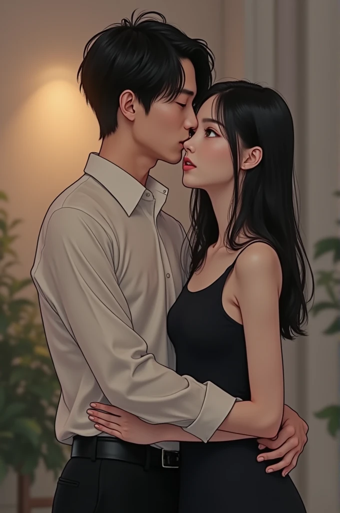 J-Hope do BTS front with black hair, wearing a black pants and a white shirt, hugging his twin sister, front with black hair, wearing a black dress. They both have Korean characteristics and seem to be in an environment that highlights the harmony and connection between them., perhaps with soft lighting that highlights your features and clothing.