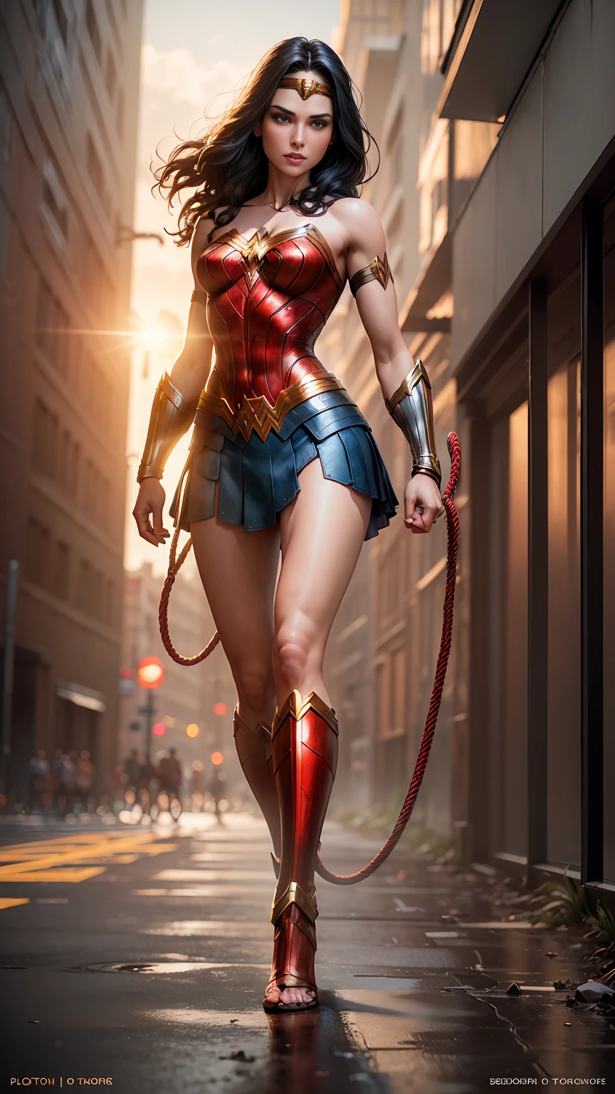 ((photo by full body, standing, Feet on the ground))  Wonder Woman with her shiny Lasso of Truth, photorrealistic, octane rendering, engine unreal, ultra-realistic