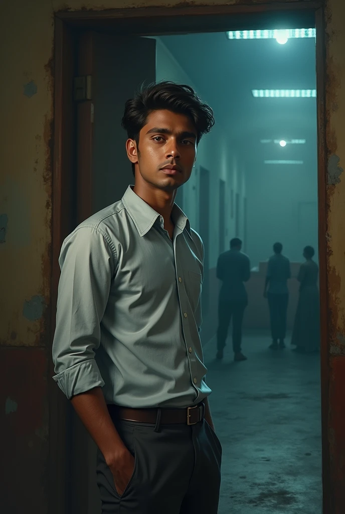 A 20 year old smart and handsome boy from a middle class family studying in a famous college of Delhi and his name is Vishal, he is wearing a shirt and pant. There are many souls imprisoned in a very big room inside a door. ,4k hd realistic