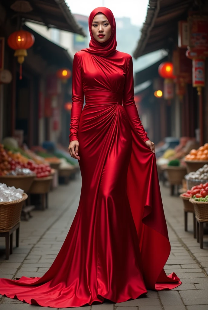 A woman shrouded in a 9-meter-long, plush red satin cloth, tightly bound and grandly draping along the form of her body, flowing off into a pooled floor-length train, styled in a mermaid-inspired outfit with ballon sleeve, her head modestly veiled in a satin hijab, tall woman, walk in wet traditional market, a full-body pose conveying a sense of elegance, captured in a 4k resolution, ultra-realistic