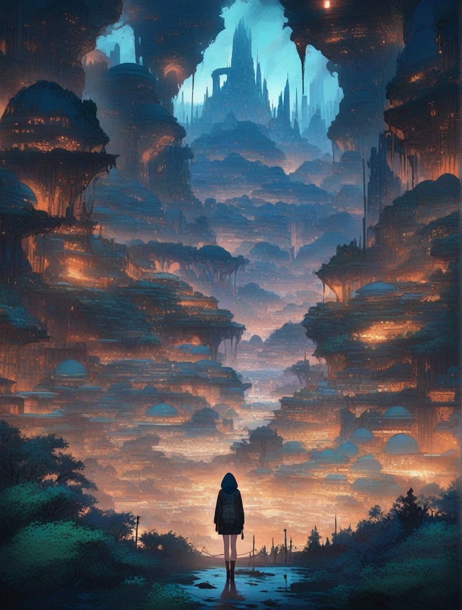 score_9, score_8_up, score_7_up, score_anime, masterpiece, best quality, delicate illustration, sharp line, sharp focus, BREAK,Traveler girl wandering in the ruins of endless night, the girl is wearing a hood, a lot of baggage in her backpack.,Night, future city, fantastic landscape, beautiful scenery, harmony with nature, spectacular view, machine city,((dark))