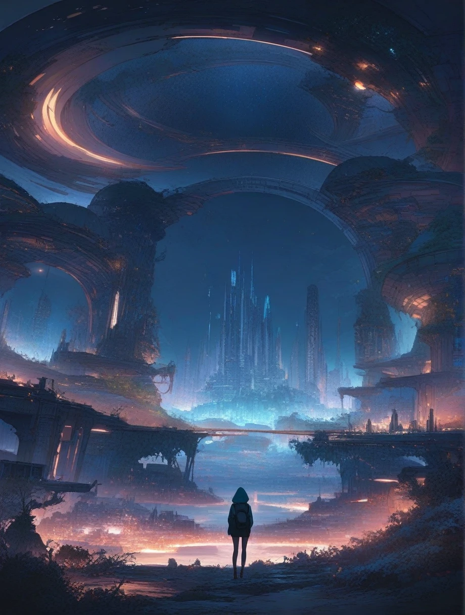 score_9, score_8_up, score_7_up, score_anime, masterpiece, best quality, delicate illustration, sharp line, sharp focus, BREAK,Traveler girl wandering in the ruins of endless night, the girl is wearing a hood, a lot of baggage in her backpack.,Night, future city, fantastic landscape, beautiful scenery, harmony with nature, spectacular view, machine city,((dark))