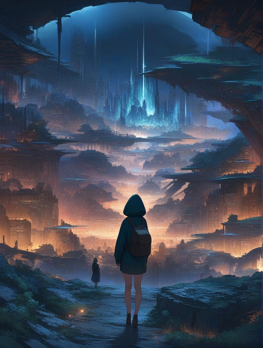 score_9, score_8_up, score_7_up, score_anime, masterpiece, best quality, delicate illustration, sharp line, sharp focus, BREAK,Traveler girl wandering in the ruins of endless night, the girl is wearing a hood, a lot of baggage in her backpack.,Night, future city, fantastic landscape, beautiful scenery, harmony with nature, spectacular view, machine city,((dark))