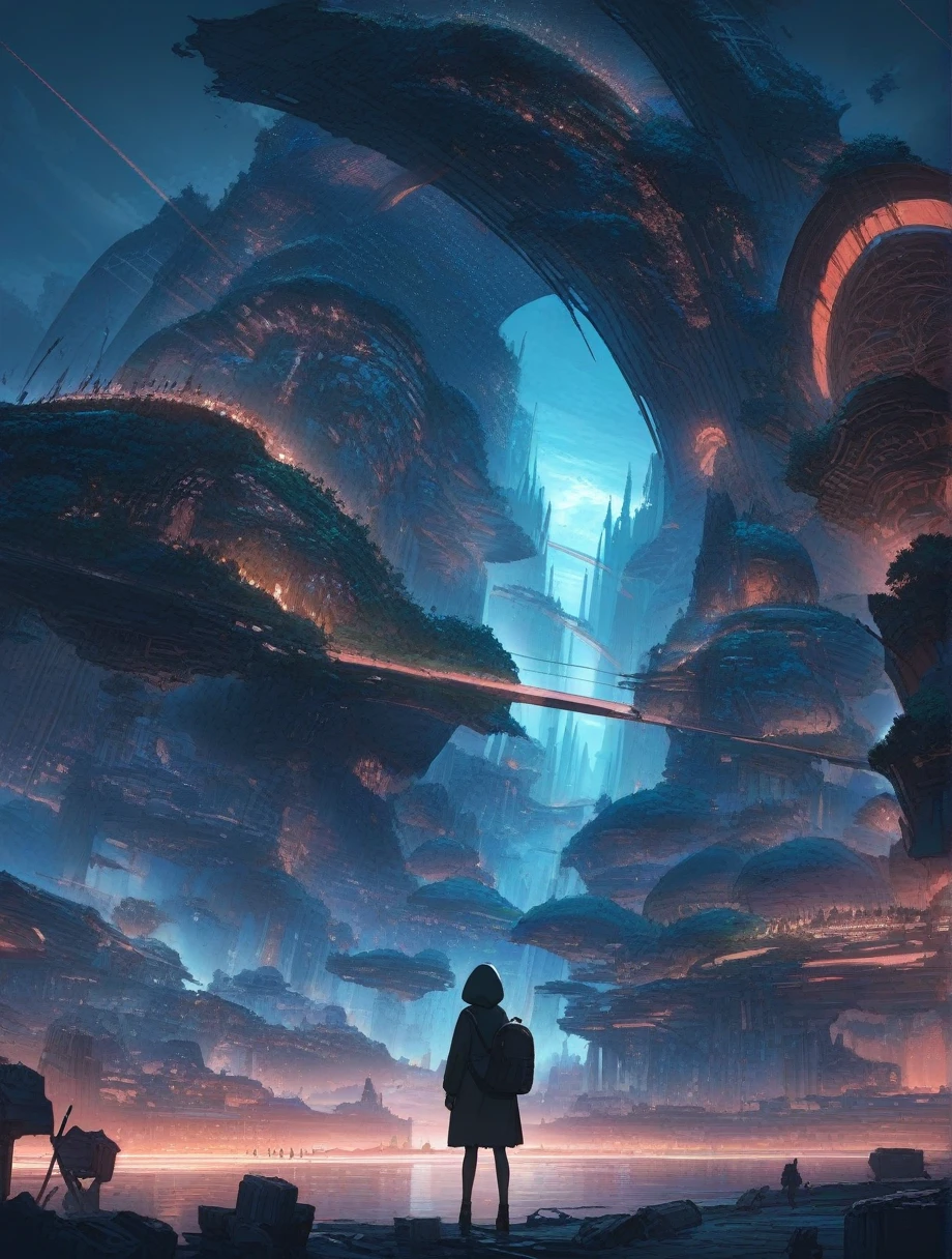 score_9, score_8_up, score_7_up, score_anime, masterpiece, best quality, delicate illustration, sharp line, sharp focus, BREAK,Traveler girl wandering in the ruins of endless night, the girl is wearing a hood, a lot of baggage in her backpack.,Night, future city, fantastic landscape, beautiful scenery, harmony with nature, spectacular view, machine city,((dark))