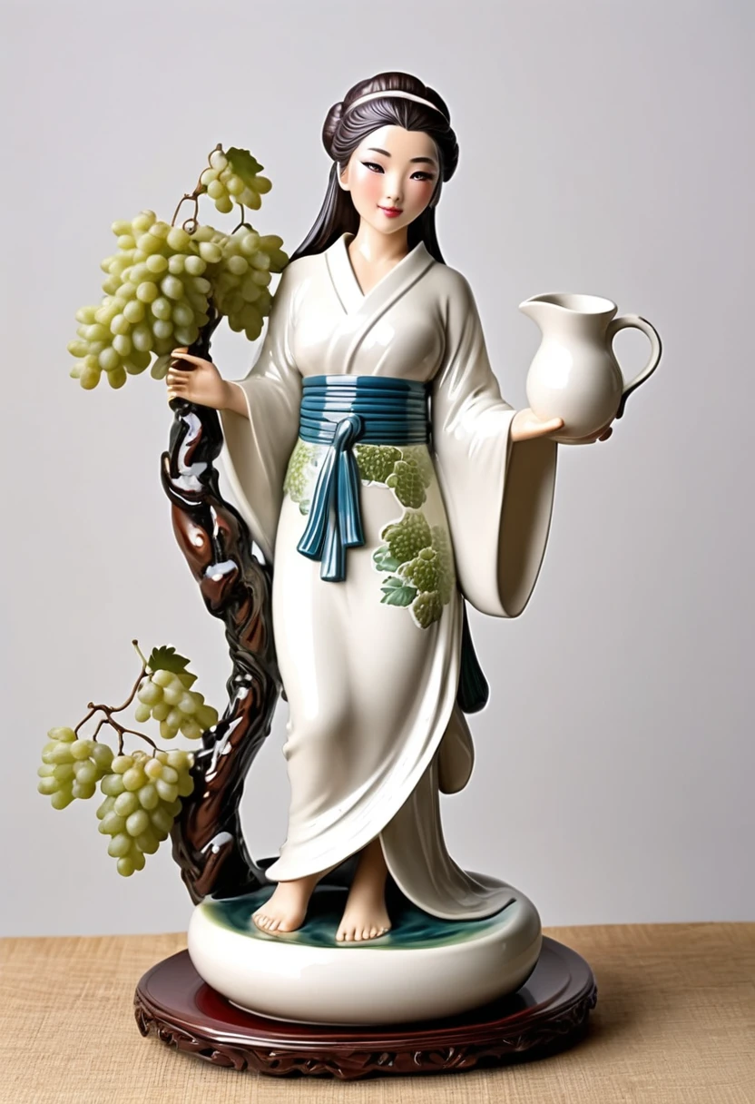 ceramic pitcher (cute woman, Yuna, flowing form clinging traditional Japanese dress among grape clusters, tasteful nudity, aged crackling in the glaze, ancient Chinese styling), on a display stand