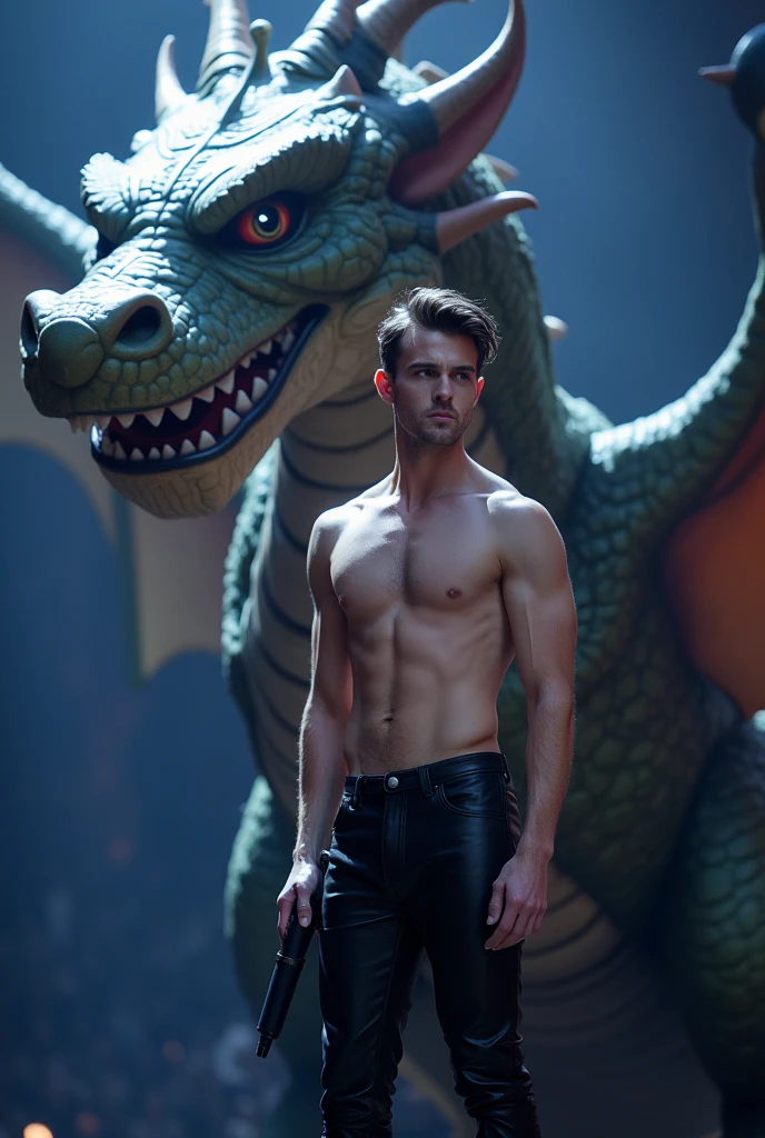 A young handsome beautiful slim shirtless white skin singer with microphone in hand black leather pants in a big realistic dragon costume behind with playful eyes