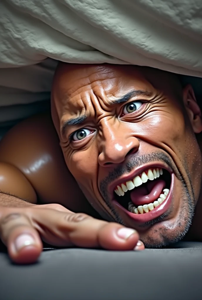 a close up of Dwayne Johnson are screaming under a bed